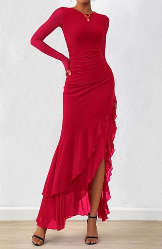 BTFBM Women's Maxi Dresses Fall 2026 Long Sleeve Wedding Guest Dress - color: Red, size: XX-Large