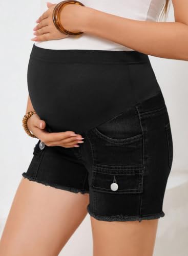 BLENCOT Maternity Denim Cargo Shorts Over Belly Soft Stretch Frayed - color: Black, size: Large