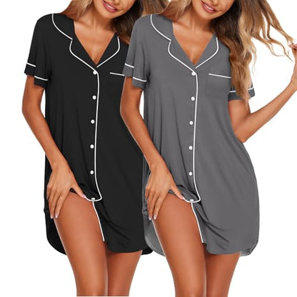 Ekouaer Nightgowns for Women 2 Pack Button Down Sleepwear Soft Sleepshirts - color: Black/Grey, size: XX-Large
