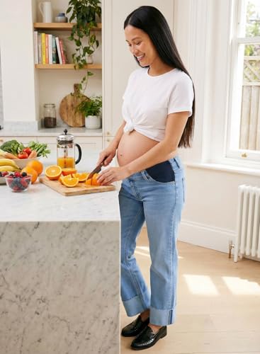 BLENCOT Maternity Jeans for Women Stretchy Summer Cuffed Wide Leg Baggy Denim Pants with Pockets - color: Myosotis Blue, size: Large