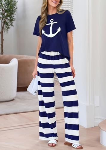 PRETTYGARDEN Pajamas for Women 2 Piece Lounge Set - color: Navy Blue, size: Medium