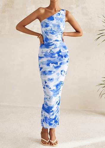PRETTYGARDEN One Shoulder Maxi Dress Ruched Printed - color: Blue, size: XX-Large