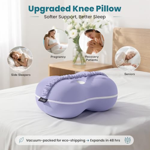 Knee Pillow for Side Sleepers - Smooth Spine Alignment Pillow, Memory Foam Knee Pillows for Back Hip Pain, Spine Aligning, Sciatica, Surgery Recovery, Pregnancy - color: Purple-regular