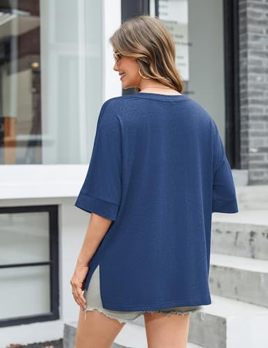Totatuit Womens Oversized T Shirts Short Sleeve V Neck Basic Tees Tops - color: Navy Blue, size: Small