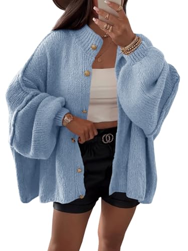 Saodimallsu Womens Oversized Cardigans Long Lantern Sleeve Button Down Chunky Knit Loose Fall Sweater Coats - color: Blue, size: Small