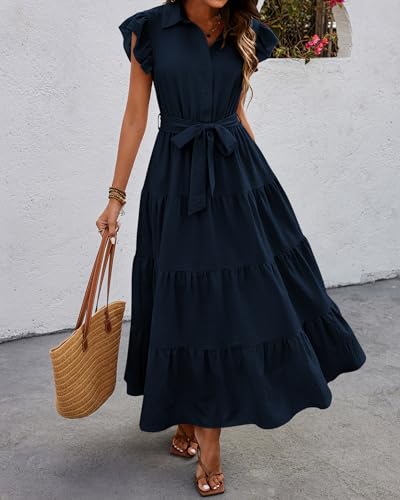 dowerme Women Ruffle Sleeve Button Belted Boho Maxi Dress - color: Navy, size: X-Large