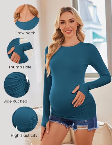 Ekouaer Womens 3 Pack Long Sleeve Maternity Shirts Thumb Hole Tops - color: 3pcs Black / Dark Green / Haze Blue, size: Medium