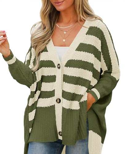 Saodimallsu Womens Oversized Striped Cardigan Fuzzy Knit Fall Sweaters - color: Army Green, size: Medium