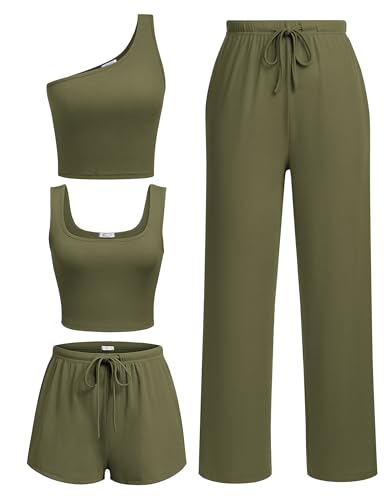 Ekouaer 4 Piece Sets for Women Casual Lounge Sets Summer Vacation Outfits - color: Armygreen, size: Medium