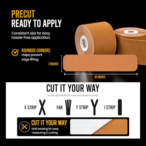 Precut Kinesiology Tape w/Tin, 40 Strips, 2"×10", Caramel - color: Caramel