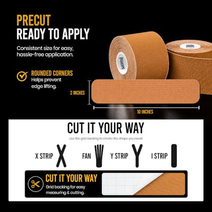 Precut Kinesiology Tape w/Tin, 40 Strips, 2"×10", Caramel - color: Caramel