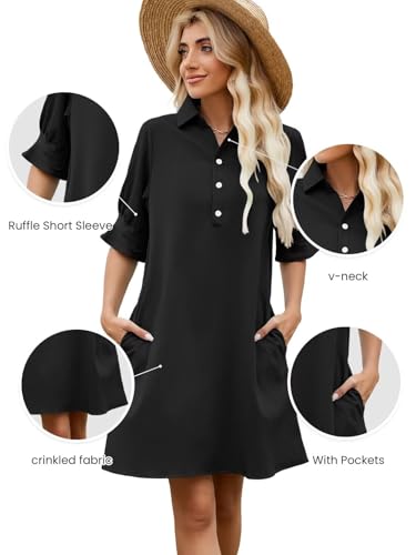 FEKOAFE Womens Casual Dress V Neck Short Sleeve Shift Dresses with Pockets - color: Aa-black, size: Small