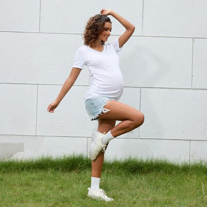 Bhome Maternity Shirt Short Sleeve Pregnancy Tshirt Side Ruched Tee Top - color: White Vneck, size: Small