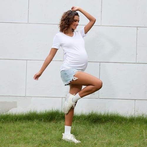 Bhome Maternity Shirt Short Sleeve Pregnancy Tshirt Side Ruched Tee Top - color: White Vneck, size: Medium