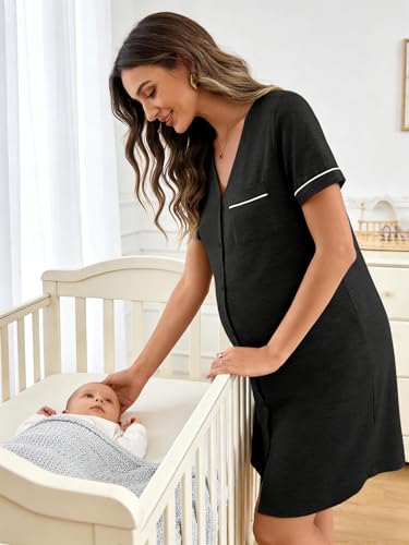 BLENCOT Women’s Labor and Delivery Night Gown for Maternity Short Sleeve V Neck Open Front Shirt Dress with Buttons - color: Dark Grey, size: Medium