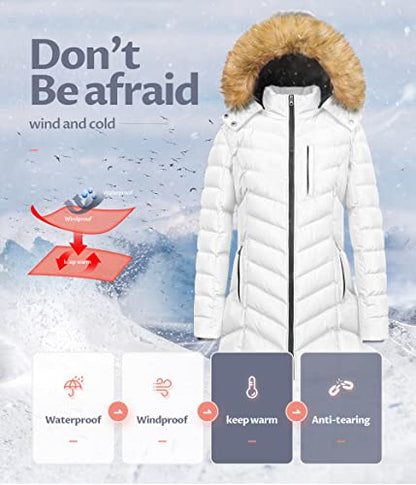 CREATMO US Women's Winter Hooded Coat Waterproof Warm Long Puffer Jacket Parka - color: White, size: Small