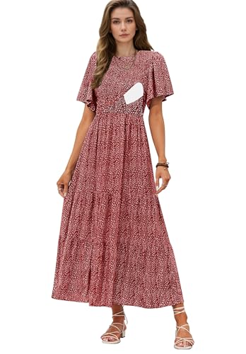 CzzzyL Womens Nursing Dress Summer Floral Print Smocked Maxi with Pockets - color: Leopardred, size: Small