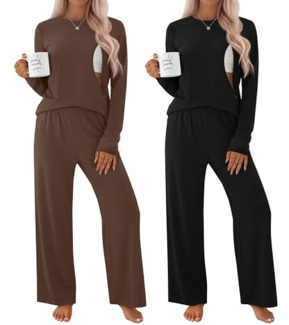 2 Pack Maternity Nursing Pajamas Set - color: Coffee, Black, size: XX-Large