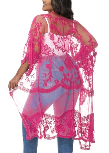 Anna-Kaci Women's Plus Size Lace Cardigan Embroidered Long Kimono Dusters with Half Sleeves - color: Rose, size: X-Large-XX-Large