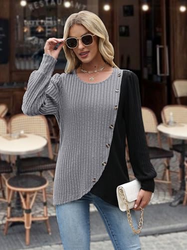 MixShe Womens Knit Sweaters 2026 Fall Winter Casual Long Sleeve Ribbed Colorblock Button Pullover Tops - color: Light Grey, size: Small