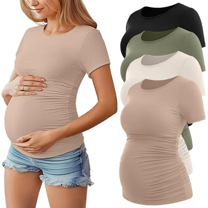 Huukeay 4 Pack Women's Short Sleeve Maternity Tops - color: Khaki, Cream, Army Green, Black, size: X-Large