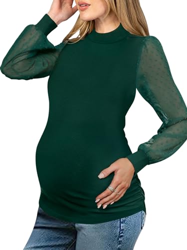 FMEYOA Women's Maternity Shirt Long Sleeve Top Mock Neck Blouse - color: Green, size: Medium