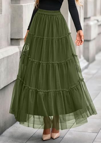 PRETTYGARDEN Women's Fall Soft Tulle Tiered Long Skirt - color: Army Green, size: Small