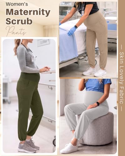 Locoowai 3 Pack Women's Maternity Jogger Scrub Pants with Pocket - color: Gray, Army Green, Khaki, size: Large