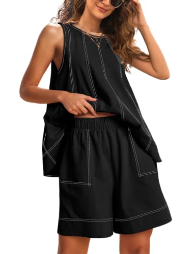 Womens 2 Piece Lounge Set Tank Top and Shorts - color: Black, size: Large