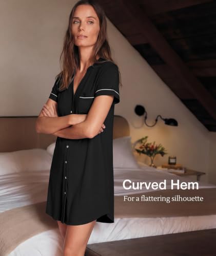 GYS Bamboo Viscose Nightgowns for Women Soft Button Down Sleep Shirt - color: Black, size: Small