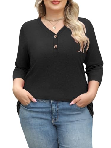 Womens Summer Plus Size 3/4 Length Sleeve Tops Button Down Shirts L-4XL - color: Black, size: 3X-Large