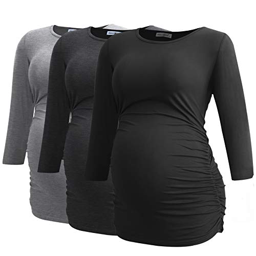 Smallshow Women's Maternity Tunic Shirts 3/4 Sleeve Ruched Pregnancy Tops - color: Dim Grey-black-grey(3 Pack), size: Medium