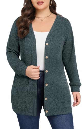 Lastshe Women Plus Size Cardigan Fall Thin Sweaters with Pockets 1X-5X - color: Dark Green, size: 1X