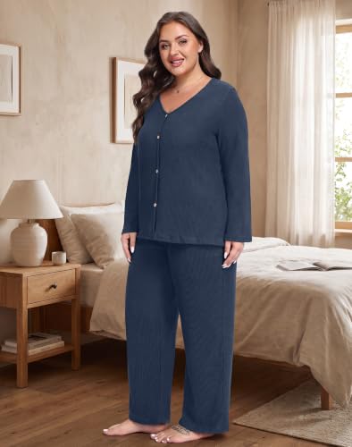 Plus Size Pajama Set for Women Long Sleeve Loose Fit Loungewear - color: Navy Blue, size: 3X-Large Plus