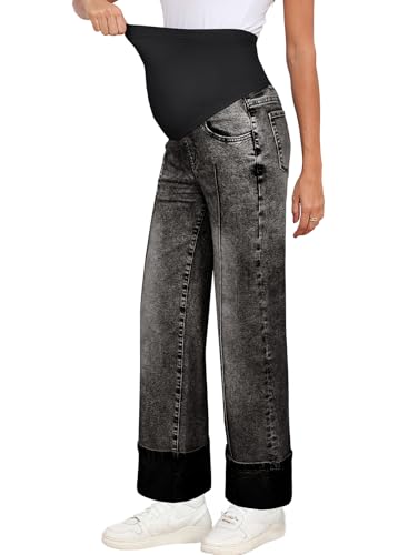 BLENCOT Maternity Jeans Over Belly Straight Leg Denim Pants with Pockets - color: Gray Black, size: XX-Large