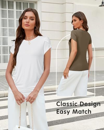 OUGES 3 Pack Women's Maternity Shirts/Tops Crew Neck Short Petal Sleeve Casual Fashion Tee Side Ruched Pregnancy Clothes - color: Grey-green, White, Camel, size: Small