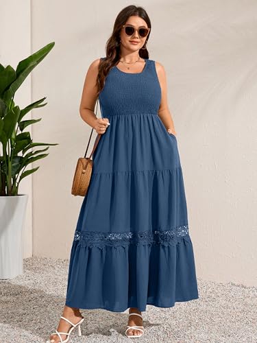 RWJ Plus Size Summer Dresses Smocked Sleeveless Sundress Beach Maxi Dress - color: Dusty Blue, size: Large Plus