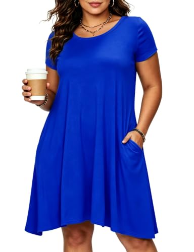 Afibi Womens Short Sleeve Loose Pockets Dress Casual Swing T-Shirt Dresses - color: Blue, size: Medium