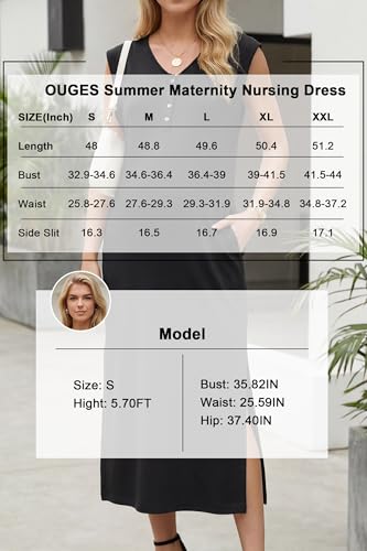 OUGES Women's Anti-Wrinkle Airy Layer Summer Maternity Dress V Neck Split Midi Nursing Dresses with Pockets 2026 - color: Black, size: X-Large