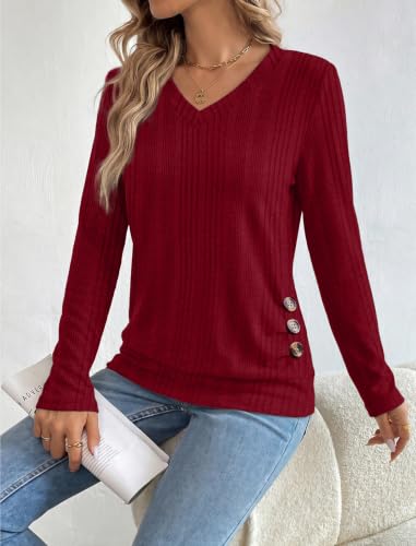 Sampeel V Neck Long Sleeve Shirts Button Side Sweaters Color Block Tops - color: Burgundy, size: Large