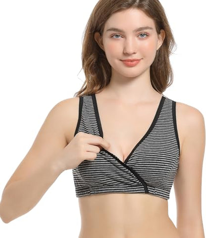 CAKYE 3 Pack Maternity Nursing Sleep Bra Breastfeeding Cotton Bralette - color: Black/Small White Black Stripe/Black Dark Gray Stripe, size: Medium
