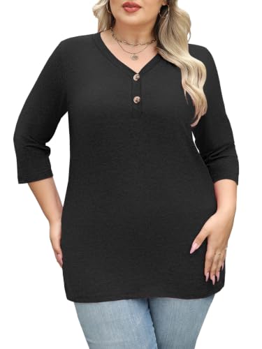 Womens Summer Plus Size 3/4 Length Sleeve Tops Button Down Shirts L-4XL - color: Black, size: XX-Large