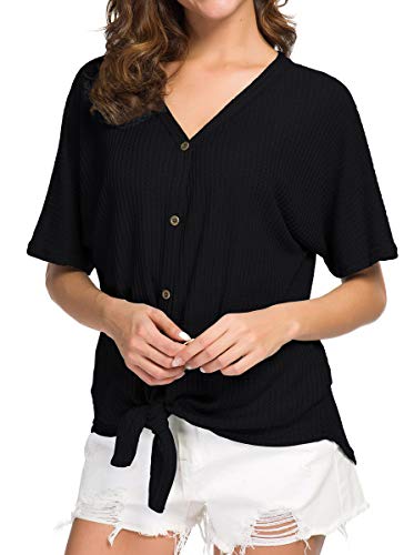 IWOLLENCE Women's Waffle Knit Tunic Blouse Tie Knot Short Sleeve Henley Tops Loose Fitting Bat Wing Shirts - color: C-black, size: X-Large