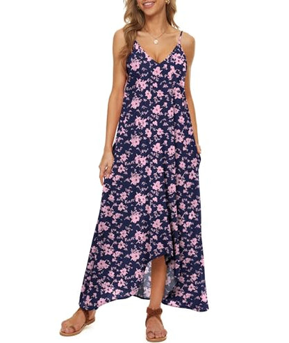 LILBETTER Women V-Neck Polka Dot Print Spaghetti Strap Boho Long Maxi Dresses - color: Navy Blue Pink, size: Medium
