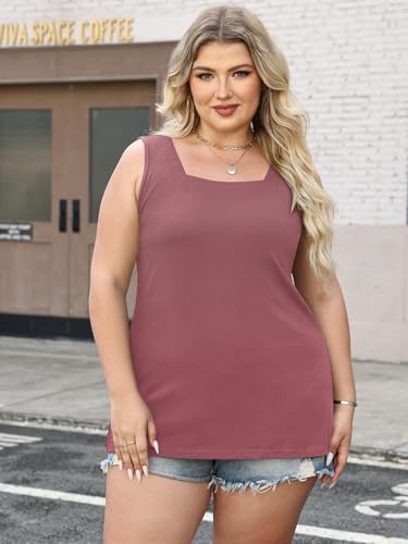3 Pack Women Plus Size Tank Tops Basic Square Neck Sleeveless Tees - color: Black Rose Pink, size: X-Large Plus