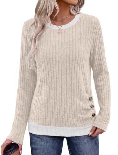 Sampeel Long Sleeve Shirts for Women Lightweight Sweaters Fall Tops - color: Apricot, size: Medium