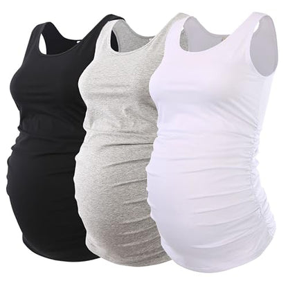 Ecavus 3 Pack Maternity Tank Tops Side Ruched Pregnancy Shirts for Women - color: Black/White/Grey, size: X-Large