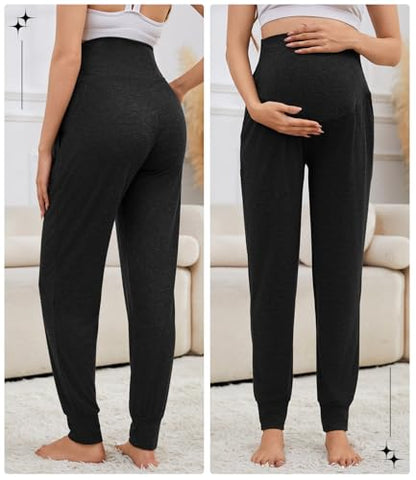3 Pack Women's Maternity Sweatpants Over The Belly Pregnancy Jogger Pants Stretchy Maternity Pants with Pockets - color: Black/Light Coffee/Apricot, size: Medium
