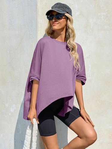 Tankaneo Womens Oversized Tshirts Batwing Short Sleeve Asymmetric Hem Tops - color: Purple, size: Medium