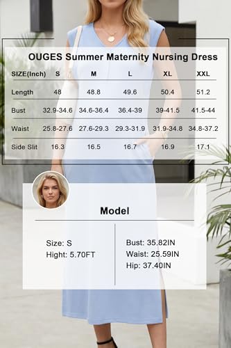 OUGES Women's Anti-Wrinkle Airy Layer Summer Maternity Dress V Neck Split Midi Nursing Dresses with Pockets 2026 - color: Light Blue, size: Medium